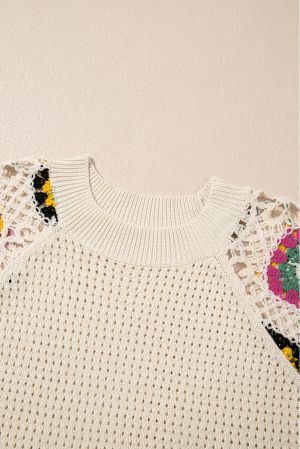 Apricot Hollow Out Floral Crochet Short Sleeve Crewneck Sweater