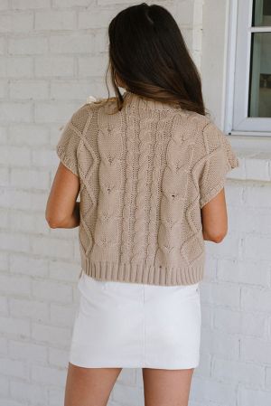 Simply Taupe Cable Knit Colorblock Satin Bowknot Short Sleeve Sweater