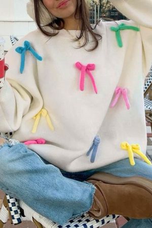 Colorful Bow Knot Decor Crewneck Oversized Sweater