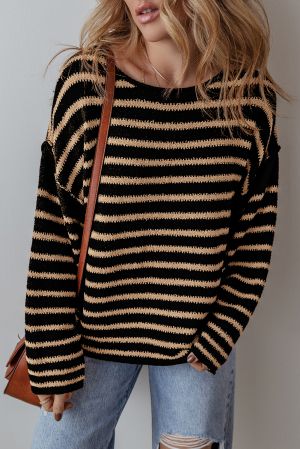 Yellow Stripe Daisy Floral Knitted Round Neck Sweater