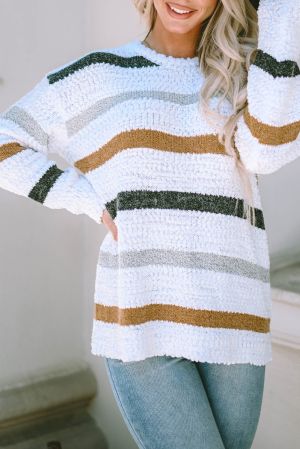 Sail Blue Striped Lantern Sleeve Drop Shoulder Cozy Sweater