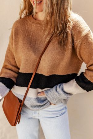 Brown Colorblock Mixed Textured Sweater