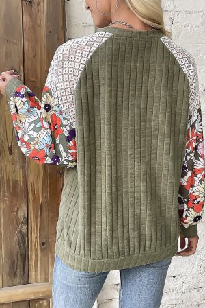 Laurel Green Floral Patchwork Long Sleeve Ribbed Blouse