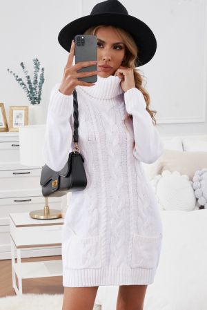 White Cowl Neck Cable Knit Sweater Dress