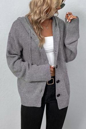 Philippine Gray Ribbed Knit Bow Front Buttoned Cardigan