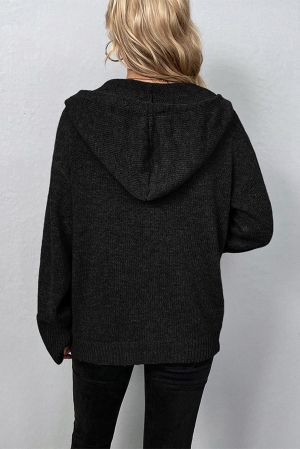 Black Ribbed Knit Bow Front Buttoned Cardigan