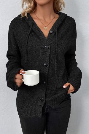 Black Ribbed Knit Bow Front Buttoned Cardigan