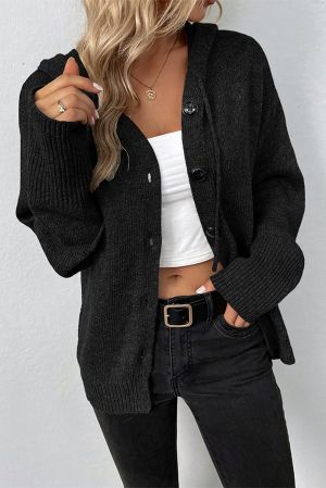 Black Ribbed Knit Bow Front Buttoned Cardigan