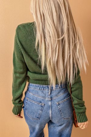 Green Front Pockets Buttons Textured Cardigan