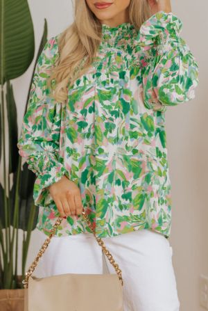 Laurel Green Floral Patchwork Long Sleeve Ribbed Blouse