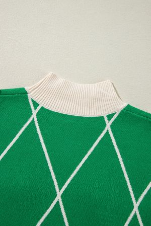 Dark Green Diamond Pattern Pom Accents Contrast Trim High Neck Sweater