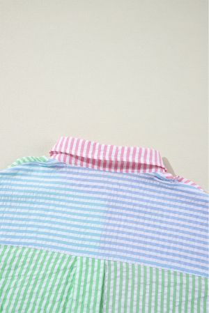 Pink Stripe Color Block Balloon Sleeve Buttoned Loose Fit Shirt