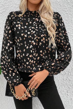 Black Leopard Print Lantern Sleeve Mock Neck Pleated Blouse