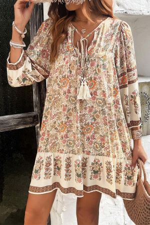 Brown Boho Floral Ruffled Puff Sleeve V Neck Mini Dress