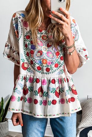 White Boho Floral Print Round Neck Ruffle Trim Blouse