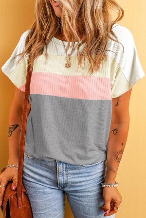 Moonlight Jade Ribbed Color Block Patchwork T-shirt