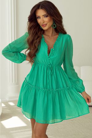 Green Frilly V Neck Puff Sleeve Drawstring Shift Mini Dress