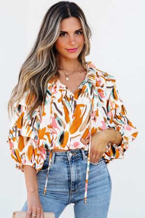 Yellow Abstract Print Drawstring Frilled V Neck 3/4 Sleeve Blouse