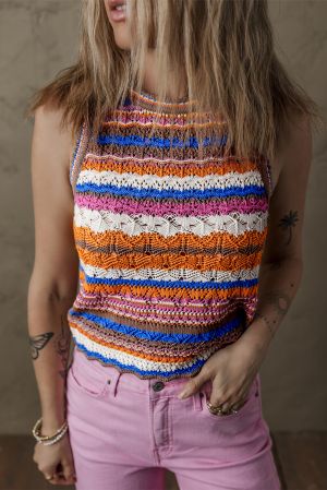 Dark Blue Striped Textured Knit Crew Neck Sweater Vest