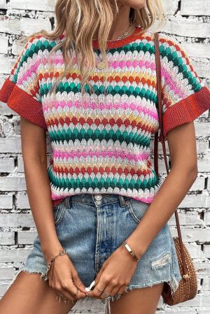 Fiery Red Trimmed Ruffle Sleeve Colorful Textured Sweater