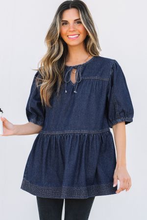 Sail Blue Puff Sleeve Lace-up Neckline Splicing Denim Blouse