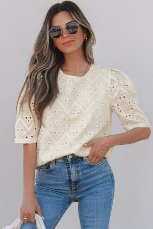 Beige Eyelet Embroidered Half Sleeve Casual Blouse