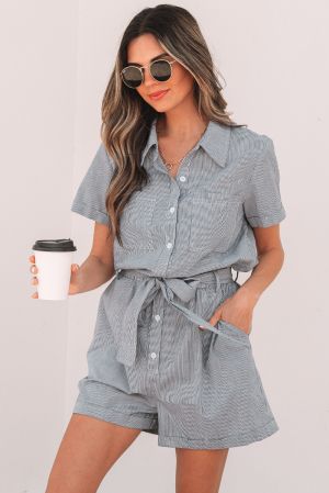 Stripe Chest Pockets Buttoned Belted High Waist Romper