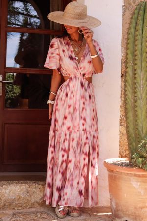 Pink Abstract Printed Flutter Sleeve Daring Cutout Long Dress