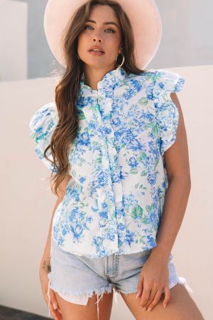 Sky Blue Floral Print Ruffle Sleeve Frilly Button Up Shirt