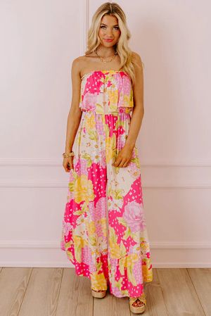 Multicolour Floral Print Ruffled High Waist Tube Top Loose Jumpsuit