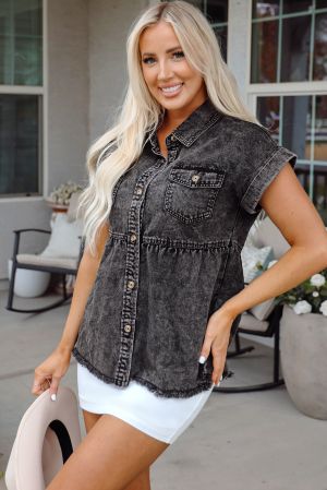 Black Short Sleeve Flap Pocket Button Up Raw Hem Denim Shirt