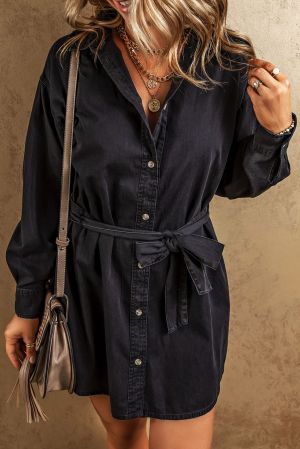 Black Button-Up Belted Denim Shirt Dress