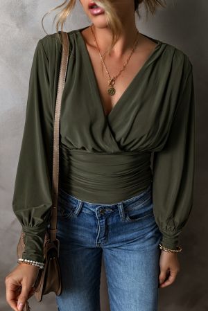 Green Ruched Wrap V Neck Long Sleeve Bodysuit