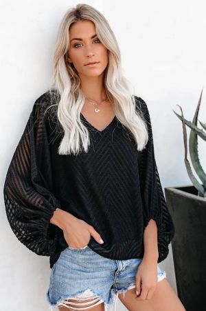 Black Balloon Sleeve Textured Blouse