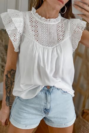 White Eyelet Pattern Splicing Ruffled Sleeves Top