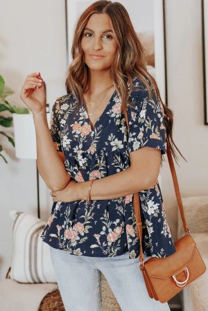 Blue V Neck Floral Tiered Babydoll Top