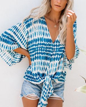 Blue Floral Printed Deep V Neck Tie Front Blouse