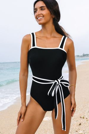 Black Color Contrast Ruffled Wrap V Neck Swimsuit