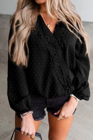 Black Swiss Dot Lace Trim Wrap Long Puff Sleeve Blouse