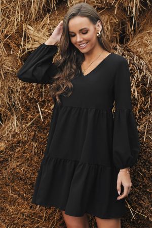 Black Ruffle V-Neck Flowy Loose Tunic Dress