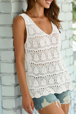 White V Neck Textured Hollow-out Sweater Vest