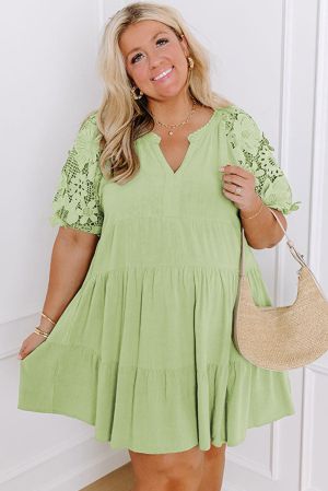 Laurel Green Floral Crochet Short Sleeve Notch V Neck Tiered Plus Size Mini Dress