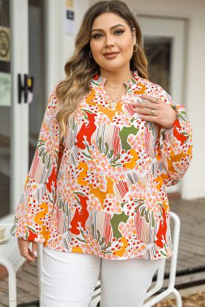 Orange Printed Split V Neck Puff Sleeve Blouse