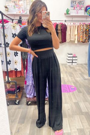 Black Slim Fit Crop Top and Pleated Wide Leg Pants Set