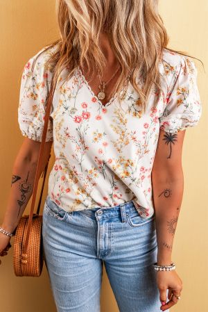 Beige Boho Floral Lace Trim Short Sleeve Blouse