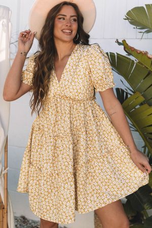 Yellow Floral Short Sleeve V Neck Frilly Tiered Mini Dress