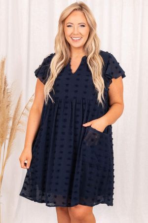 Navy Dotty Textured Notched Neck Plus Ruffled Dress