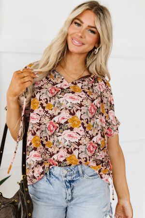 Pink Floral Print Bubble Hem Split Neck Blouse