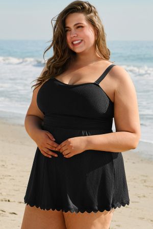 Black Plus Size Textured Scalloped Trim Swim Dress with Panty