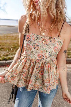 Apricot Floral Print Spaghetti Straps Ruffled Peplum Tank Top